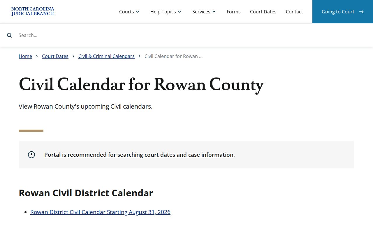 Rowan County civil court docket calendar source