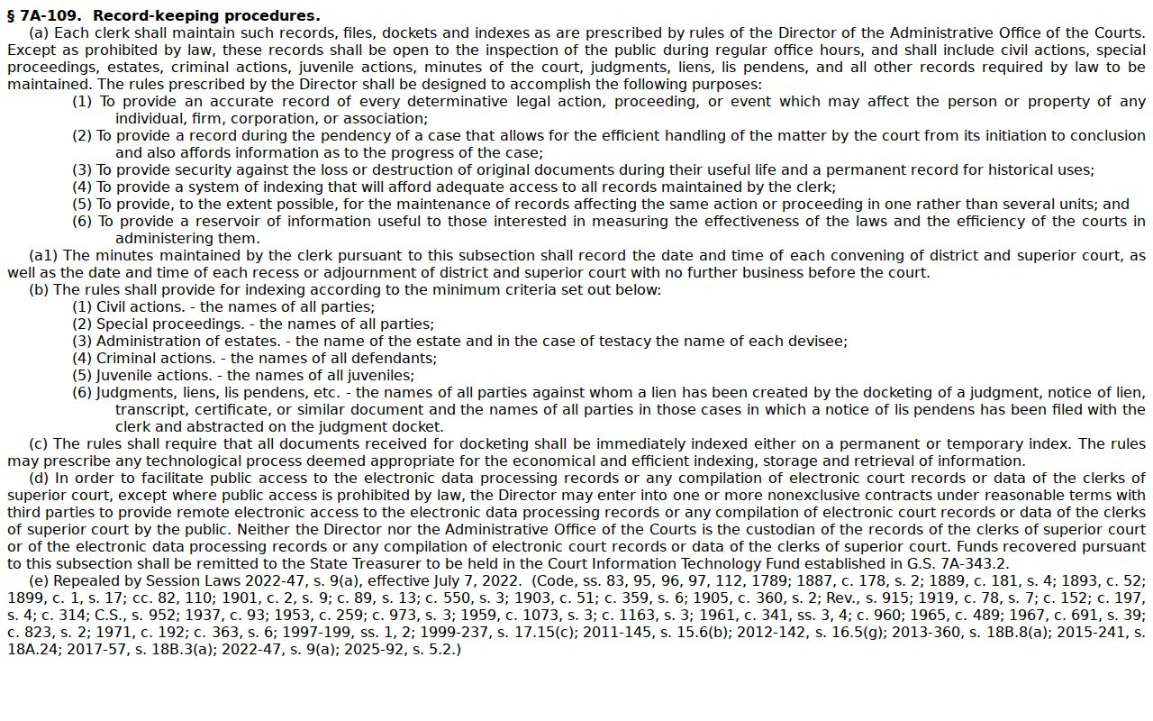 Rowan County court records image for North Carolina Clerk recordkeeping statute