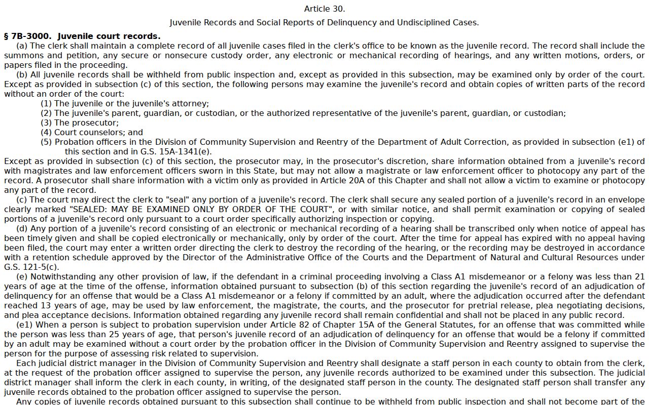 Rowan County criminal court docket juvenile confidentiality statute