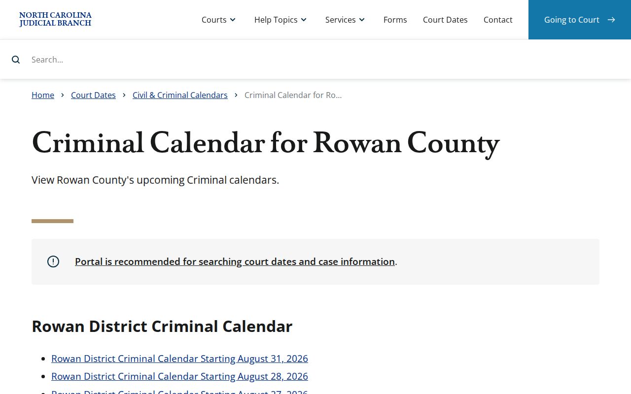Rowan County criminal court docket calendar search source