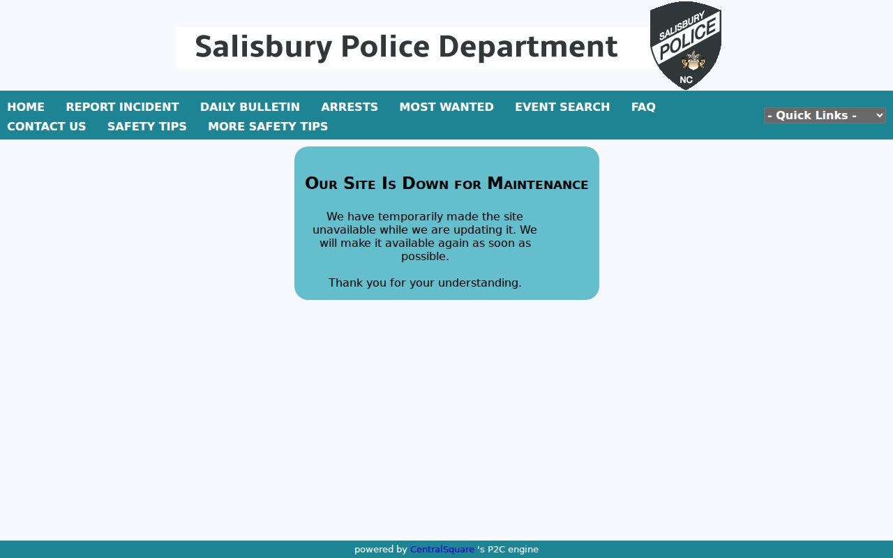 Salisbury court records page showing police P2C interface, not court docket